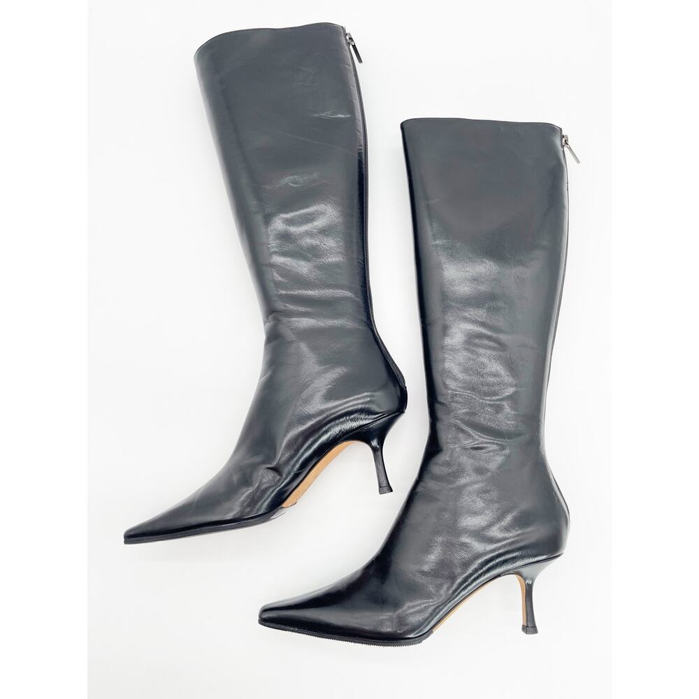 Jimmy Choo Vintage Peony Black Leather Pointed Toe Knee High Heeled Boots IT 38 - Picture 5 of 13